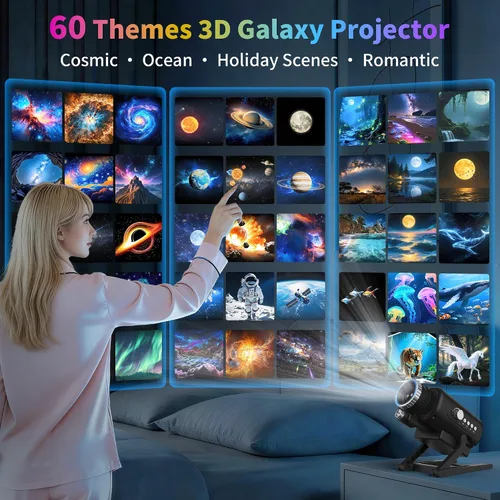 Vista 2 de FlyLily Proyector de galaxia 3D, proyector dinámico de estrellas con ruido blanco y altavoz Bluetooth, proyector de luz nocturna de 60 escenas