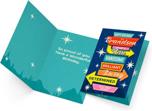 Vista 3 de Prime Greetings Tarjeta de cumpleaños para nieto, hecha en Estados Unidos, ecológica, cartulina gruesa con sobre premium de 5 x 7.75 pulgadas
