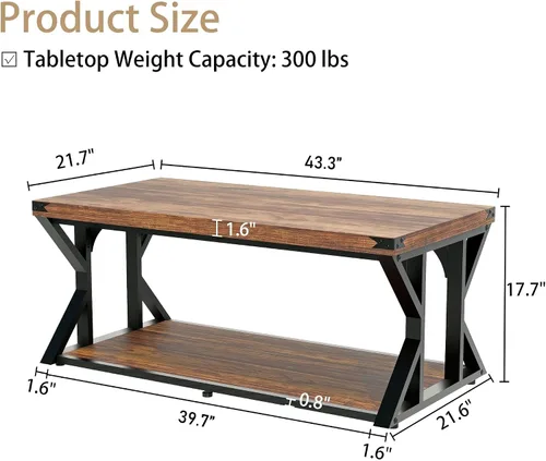 Vista 2 de Mesa auxiliar industrial de 43 pulgadas, mesa central rectangular de 2 niveles con estante de almacenamiento, mesa de cóctel de madera y metal