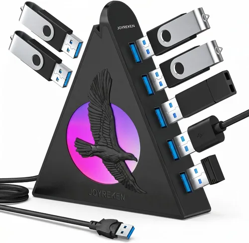 Vista 9 de Hub USB 3.0 de 7 puertos, divisor de concentrador USB vertical blanco con iluminación RGB en forma de árbol, transferencia de alta velocidad de 5