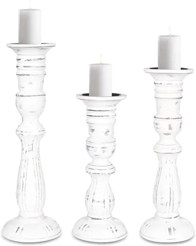 Vista 18 de Juego de 3 candelabros de pilar de madera de granja - Portavelas altos rústicos hechos a mano para decoración del hogar, centros de mesa, bodas