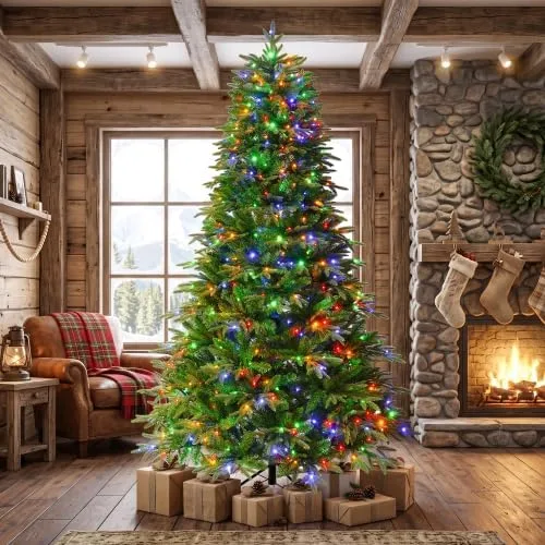Vista 2 de 7.5FT Pre-Lit Artificial Christmas Tree, Life-Like Full Branches with Metal Stand, Fire Resistant, Warm White & Multicolor LED Lights for Holiday