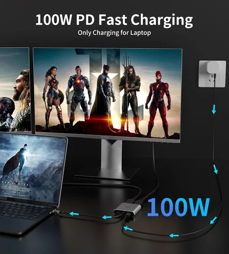 Vista 4 de Adaptador USB C a HDMI Dual 4K@60Hz, 4 en 1 USB C a HDMI Convertidor con carga PD de 100 W USB 3.0, divisor USB C a HDMI Pantalla extendida