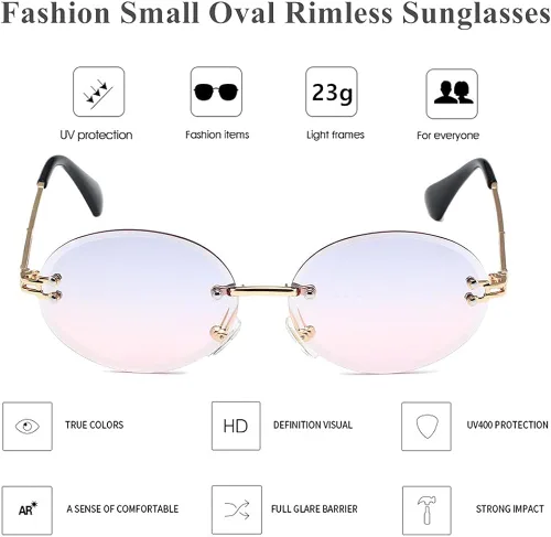 Vista 2 de LASPOR Gafas de sol ovaladas retro para mujeres y hombres a la moda vintage de metal dorado sin marco lentes tintados protección UV400