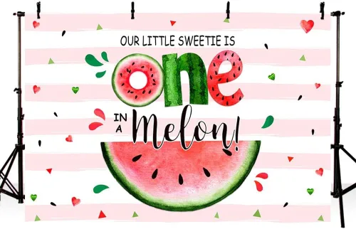 Vista 2 de MEHOFOND Fondo de verano de 7 x 5 pies con texto en inglés "Sweetie One in A Melon", para fiesta de primer cumpleaños, suministros para fiesta