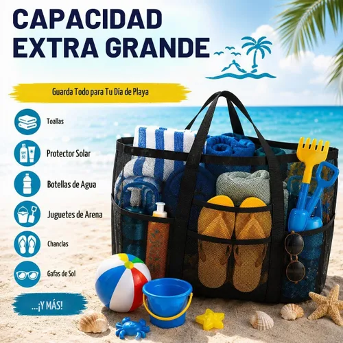 Vista 4 de SRISE Mesh Beach Bag - Large Beach Tote Bag for Family Beach Bag for Toys & Vacation Essentials Negro