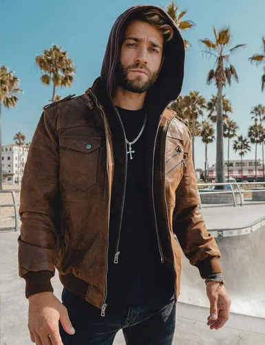 Vista 4 de FLAVOR - Chaqueta de moto para hombre cuero marrón con capucha extraíble