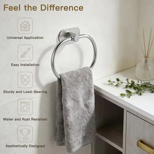 Vista 5 de Toallero autoadhesivo de acero inoxidable para baño, soporte para toallas de mano, sin perforaciones, moderno colgador de toallas de mano