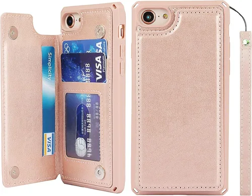 Vista 18 de iCoverCase Funda compatible con iPhone SE 2022/SE 2020/7/8 con soporte para tarjetas, funda tipo cartera para mujer, con bloqueo RFID en relieve