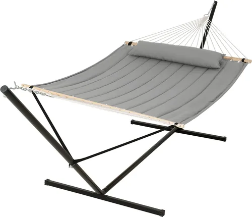 Vista 18 de SUNCREAT Hammocks Hamaca doble extragrande con soporte de 12 pies, capacidad de 475 libras, hamaca portátil al aire libre con barra separadora