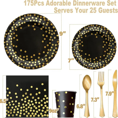 Vista 2 de AIRE 175 piezas Vajilla de papel negra y dorada para 25 invitados, suministros desechables para fiestas, vajilla con puntos dorados en platos