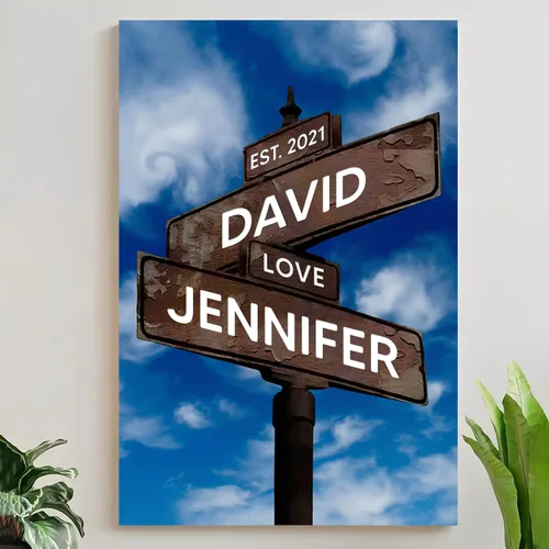 Vista 17 de Mapileng Lienzo personalizado de Crossroads Street Sign para parejas, nombres personalizados y fecha, arte de pared vintage, regalo del día de San