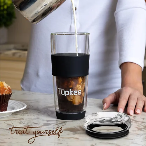 Vista 3 de Vaso de vidrio de doble pared, 14 onzas, todo de vidrio, reutilizable, aislado, taza de té/café con tapa, soplado a mano, taza de viaje, color negro