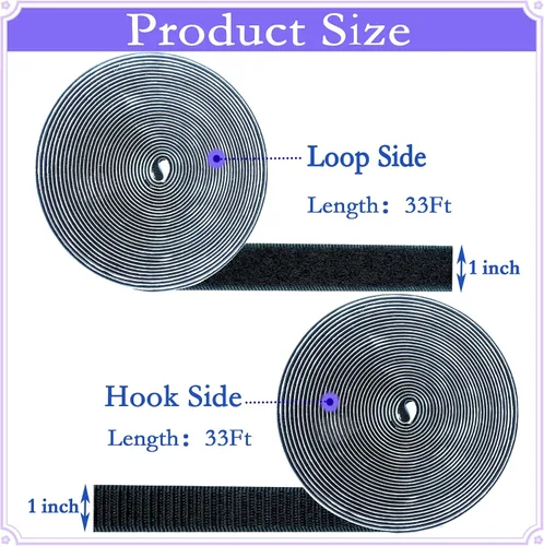 Vista 3 de 1 pulgada x 33 pies de cinta adhesiva de gancho y bucle, tiras de gancho y bucle de nylon multiusos resistentes, rollos de cinta adhesiva