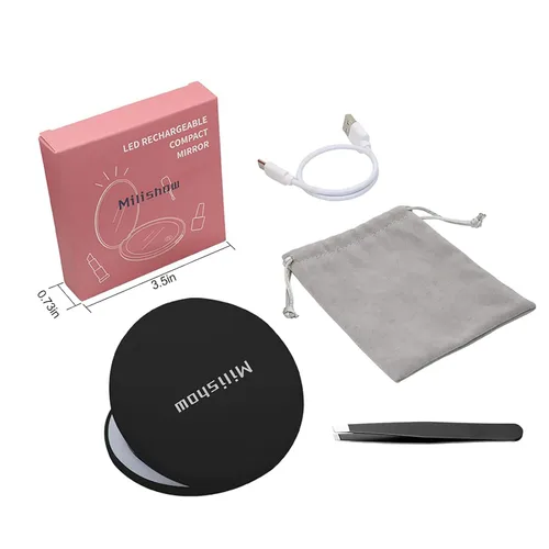 Vista 7 de Espejo compacto con luz LED, espejo recargable con aumento 1x/10x, 3.5 pulgadas, espejo de viaje regulable para bolso, bolsillo, espejo de Negro