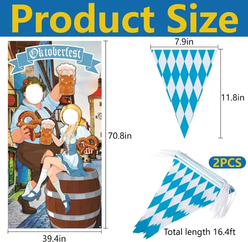 Vista 2 de Iceyyyy Juego de accesorios para fotos de Oktoberfest – 6 x 3.3 pies para el Oktoberfest para puerta de fotos y telón de fondo y 22 pies de bandera