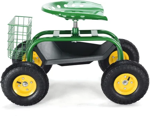 Vista 5 de Giantex Asiento de trabajo de jardín rodante, asiento de trabajo de jardinería giratorio 360 con ruedas, cesta de herramientas, altura ajustable