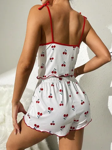 Vista 2 de SweatyRocks Conjunto de pijama de 2 piezas con estampado floral para mujer, con lazo frontal y volantes