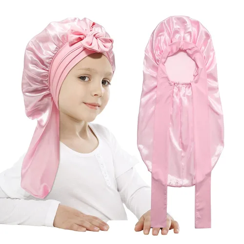 Vista 16 de AWAYTR Gorro de satén para niñas con trenzas de pelo largo para dormir Negro