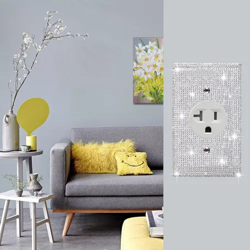 Vista 40 de Placa de pared con diamantes de imitación plateados brillantes plateados, placa de cubierta de interruptor de luz, cubierta de enchufe de grano