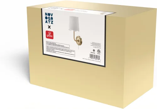 Vista 6 de Novogratz x Globe - Aplique de pared de 1 luz, cable rígido o enchufable, latón mate, pantalla de tela blanca, interruptor basculante en línea