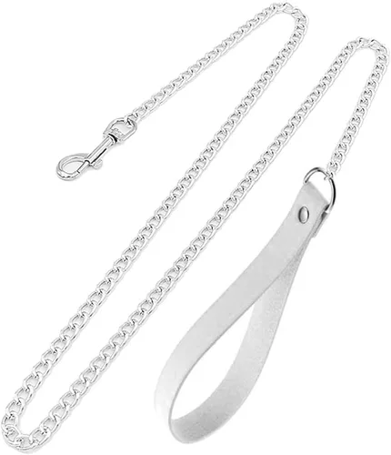 Vista 4 de Tosmifairy Gargantilla gótica de cuero para hombres y mujeres, collar de discoteca, cadena de aluminio, correa con mango de poliuretano