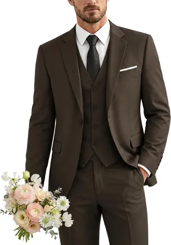 Vista 36 de Traje de 3 piezas para hombre con corbata, chaleco sólido de un botón y beige (529-beige)