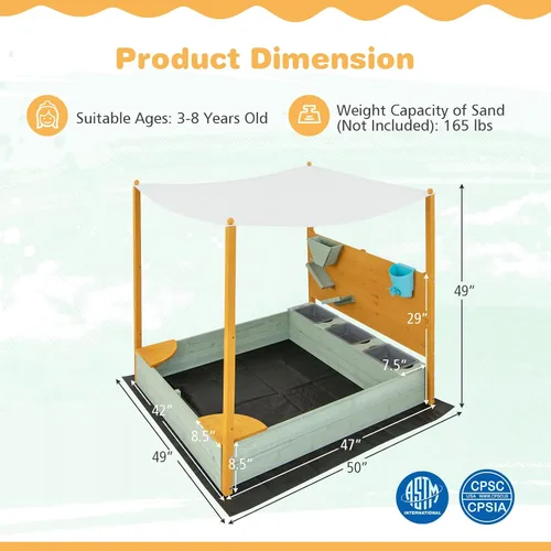 Vista 6 de Costzon Caja de arena para niños con pared de arena, arenero de madera con toldo extraíble, cubo de agua, contenedores de almacenamiento, 2 asientos
