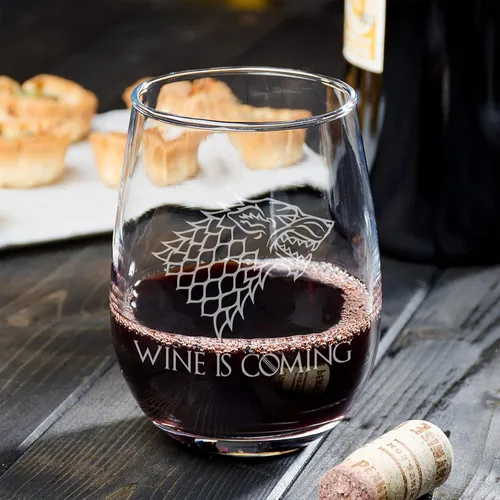 Vista 7 de Copa de vino sin tallo "Wine is Coming", regalo de Navidad perfecto para los fanáticos de Juego de Tronos