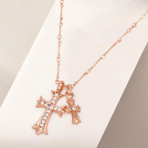 Vista 2 de Collar de cruz chapado en oro de 14 quilatesplata de ley con colgante de doble cruz CZ, collares de cruz de circonita cúbica para mujeres, hombres