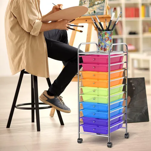 Vista 35 de DREAMADE Carrito rodante con cajones de almacenamiento, carrito utilitario con cajones de plástico extraíbles, ruedas con cerradura, carrito de arte