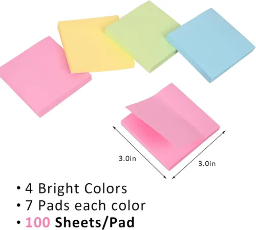 Vista 3 de HappyHapi Paquete de 28 2800 hojas de notas adhesivas de 3 x 3 pulgadas, 100 hojas/bloc, 4 colores suaves (amarillo, verde, rosa, azul) almohadillas