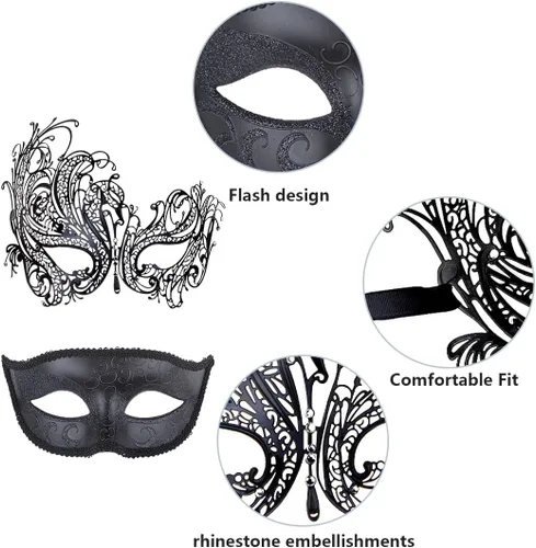 Vista 6 de IETANG Juego de máscaras venecianas de Mardi Gras para parejas con collar y pajarita