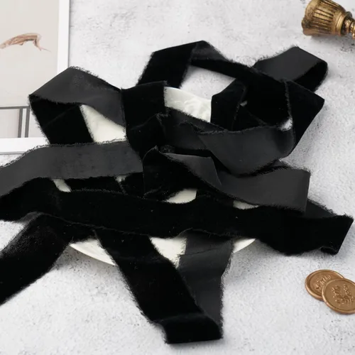 Vista 6 de Cinta de terciopelo negro de 1.5 pulgadas, cinta de terciopelo de seda deshilachada negra, terciopelo rústico de Navidad para regalo, borde crudo