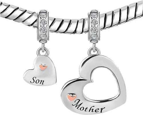 Vista 2 de KunBead Dije colgante de corazón para mujeres y niñas, madre e hijo, compatible con pulseras Pandora, Cobre, vidrio
