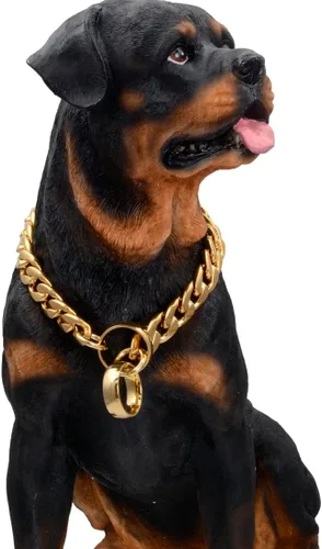 Vista 2 de Collar de perro con cadena de oro de 18 quilates, cadena de perro de eslabones cubanos de 0.59 pulgadas, collar de acero inoxidable de metal