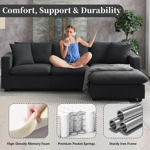 Vista 3 de Tmsan Sofá de nube en forma de L negro de 100.4 pulgadas, sofá modular moderno con diván otomano convertible para sala de estar, apartamento