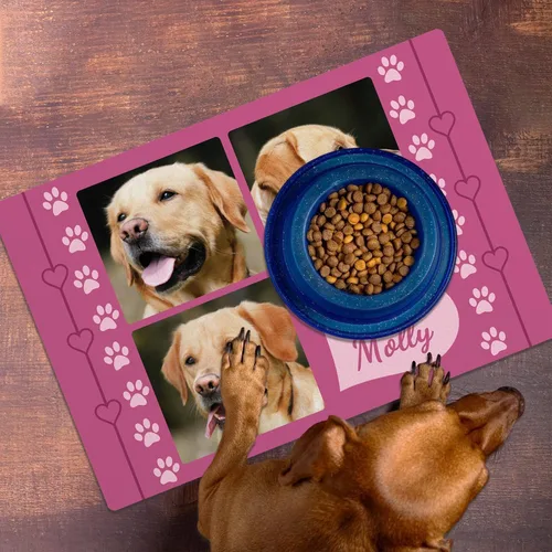 Vista 3 de Alfombrillas personalizadas de piel sintética para comida y agua, antideslizante e impermeable para nombre/foto, tapete personalizado