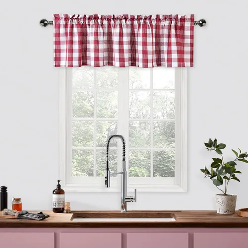 Vista 13 de Cortinas de cocina con cenefa a cuadros blancos y negros de 55 x Negro/blanco
