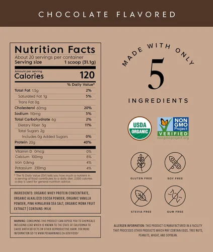 Vista 2 de Polvo de proteína de suero orgánico Truvani Chocolate 20g de proteína de suero alimentado con hierba 20 porciones Orgánico certificado USDA