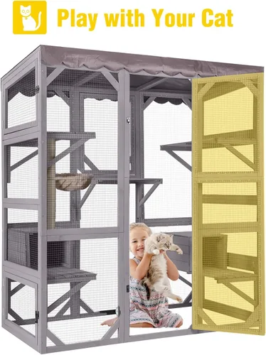 Vista 4 de Gran recinto de madera Catio para gatos al aire libre, condominio para gatos con 7 plataformas de escalada, 2 casas de siestas, panel de ventana
