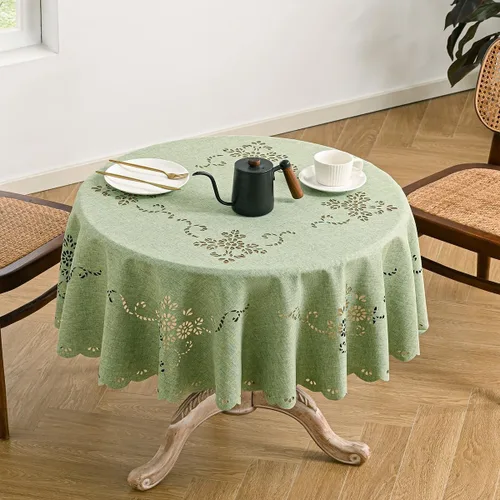 Vista 6 de Wracra Mantel redondo de macramé impermeable, estilo lino de granja, resistente a las arrugas, lavable, para interiores y exteriores