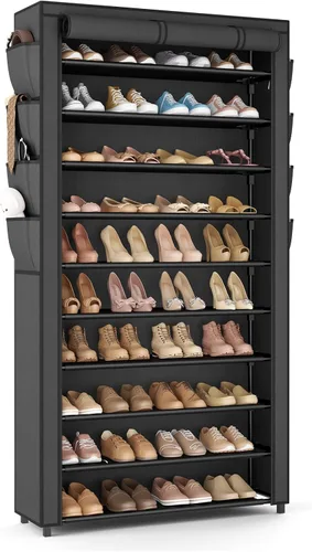 Vista 9 de VTRIN Zapatero con tapa, organizador de zapatos de 7 niveles para 35-40 pares de zapatos y botas, estante alto de gran capacidad con 8 bolsillos