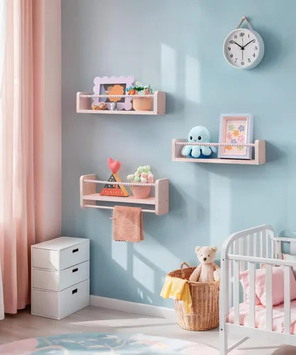 Vista 6 de Maxpeuvon Estantes para libros de guardería, juego de 3 estantes para niños, organizador de pared de madera natural con toallero, decoración Rosa