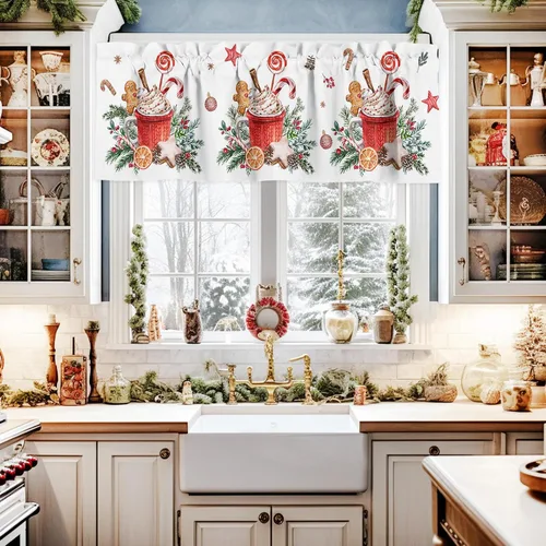 Vista 2 de Cenefas de Navidad para ventanas, con bastón de caramelo de jengibre, cortina de cocina, cenefas de Navidad, bolsillo para barra, cortina de ventana