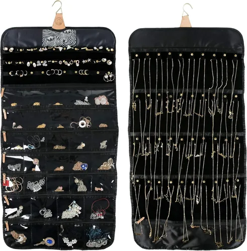 Vista 16 de Angelina's Palace Tenby Jewelry - Organizador de doble cara para colgar en el armario, rollo de almacenamiento de joyas, 24 barras de anillos