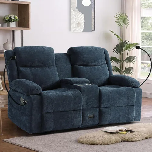 Vista 8 de Sofá reclinable de dos plazas con consola, color azul Manual Recliner Loveseat with Phone Holders, Storage Drawer, Cup Holders, Side Pockets, Dual