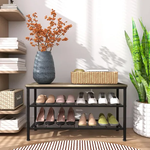 Vista 2 de Zapatero de metal de 3 niveles con parte superior de madera, organizador de zapatos duradero y que ahorra espacio, organizador de zapatos Gris +