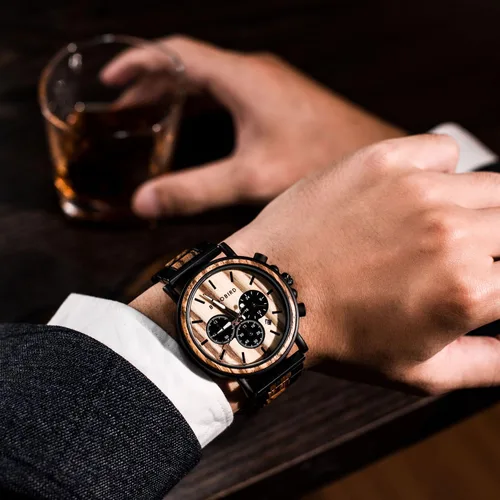 Vista 3 de BOBO BIRD Relojes de madera para hombre, con cronógrafo combinado de madera y acero inoxidable, cuarzo militar, relojes de pulsera casuales