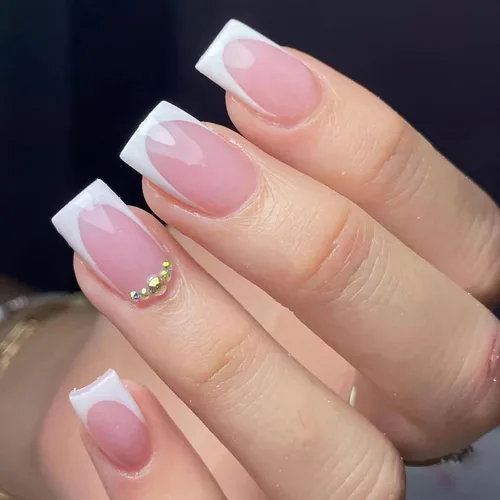 Vista 20 de Lindas uñas a presión de tamaño mediano - Uñas falsas cuadradas con punta francesa, uñas acrílicas rojas de cobertura completa brillantes